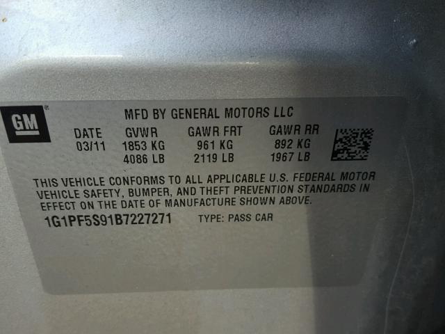 1G1PF5S91B7227271 - 2011 CHEVROLET CRUZE SILVER photo 10