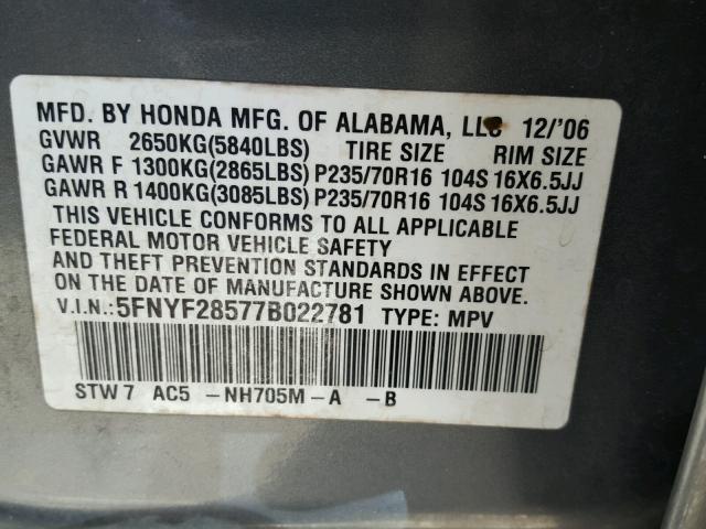 5FNYF28577B022781 - 2007 HONDA PILOT EXL GRAY photo 10