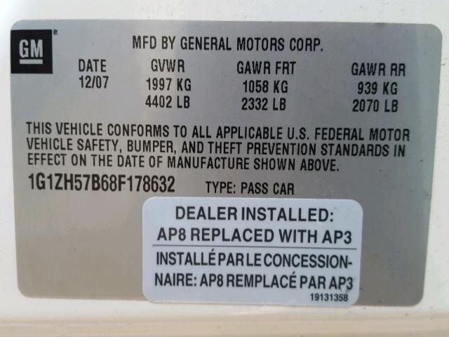 1G1ZH57B68F178632 - 2008 CHEVROLET MALIBU 1LT WHITE photo 10