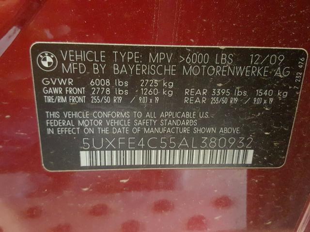 5UXFE4C55AL380932 - 2010 BMW X5 RED photo 10