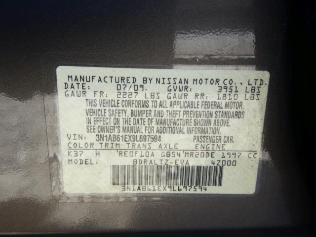 3N1AB61EX9L697594 - 2009 NISSAN SENTRA GRAY photo 10