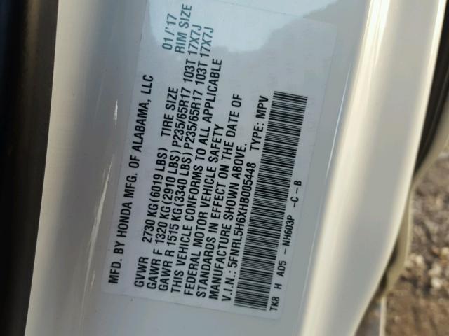 5FNRL5H6XHB005448 - 2017 HONDA ODYSSEY EX WHITE photo 10