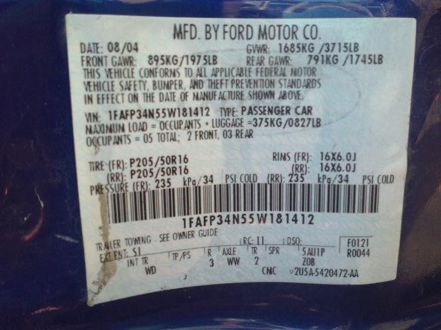 1FAFP34N55W181412 - 2005 FORD FOCUS ZX4 BLUE photo 10