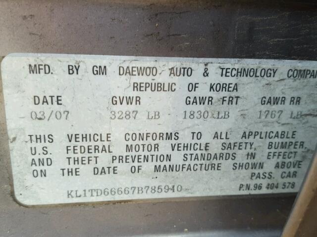 KL1TD66667B785940 - 2007 CHEVROLET AVEO BASE Сұр фото 10