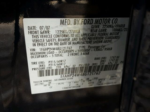 1FAHP24W48G121762 - 2008 FORD TAURUS SEL BLUE photo 10