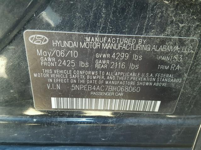 5NPEB4AC7BH068060 - 2011 HYUNDAI SONATA GLS BLACK photo 10