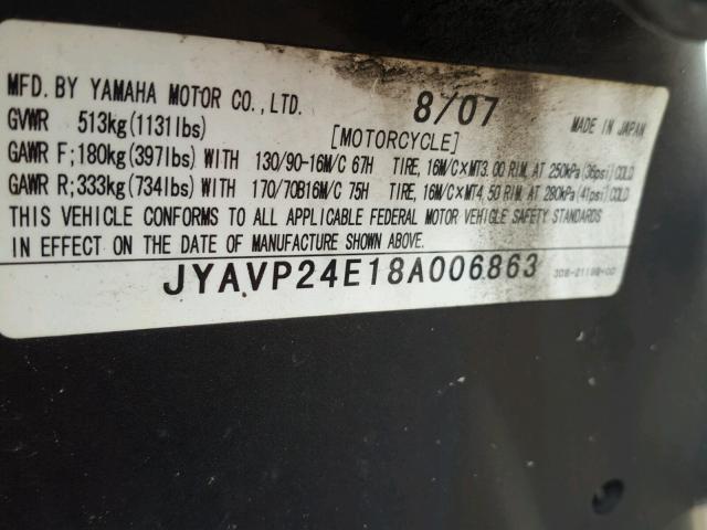 JYAVP24E18A006863 - 2008 YAMAHA XVS1300 A RED photo 10