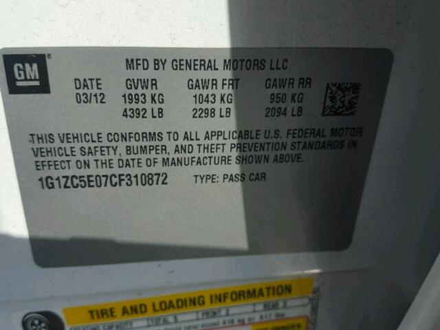 1G1ZC5E07CF310872 - 2012 CHEVROLET MALIBU 1LT 白色 照片 10