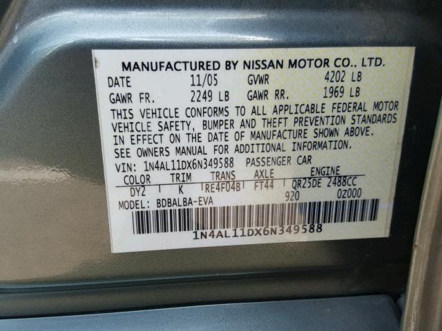 1N4AL11DX6N349588 - 2006 NISSAN ALTIMA S GREEN photo 10