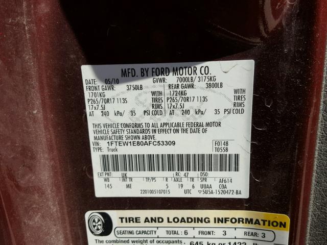 1FTEW1E80AFC53309 - 2010 FORD F150 SUPER MAROON photo 10