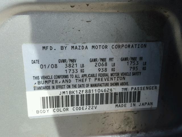 JM1BK12F881104624 - 2008 MAZDA 3 I SILVER photo 10