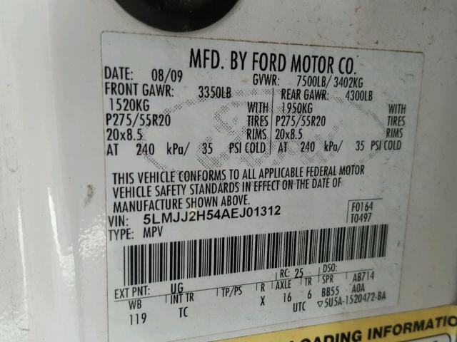 5LMJJ2H54AEJ01312 - 2010 LINCOLN NAVIGATOR 奶油色 照片 10