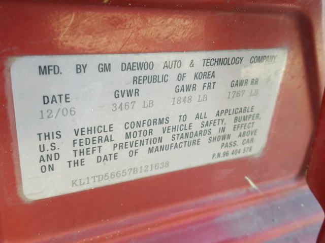 KL1TD56657B121638 - 2007 CHEVROLET AVEO BASE 红色 照片 10