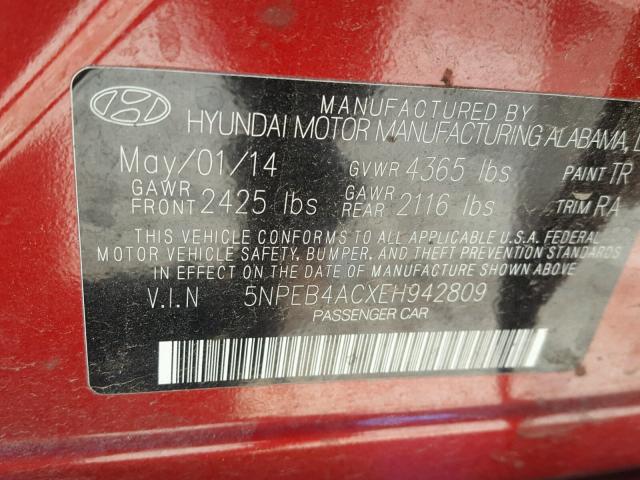 5NPEB4ACXEH942809 - 2014 HYUNDAI SONATA GLS RED photo 10