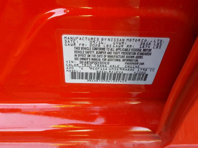 3N1AB7AP2GY337419 - 2016 NISSAN SENTRA S RED photo 10