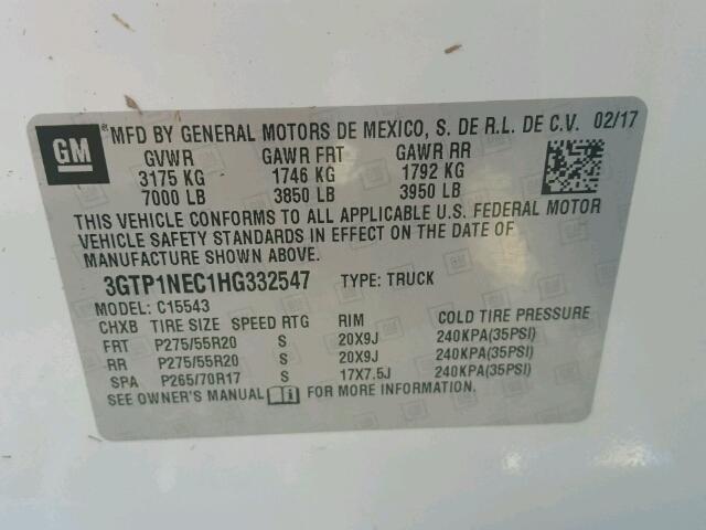 3GTP1NEC1HG332547 - 2017 GMC SIERRA C15 WHITE photo 10