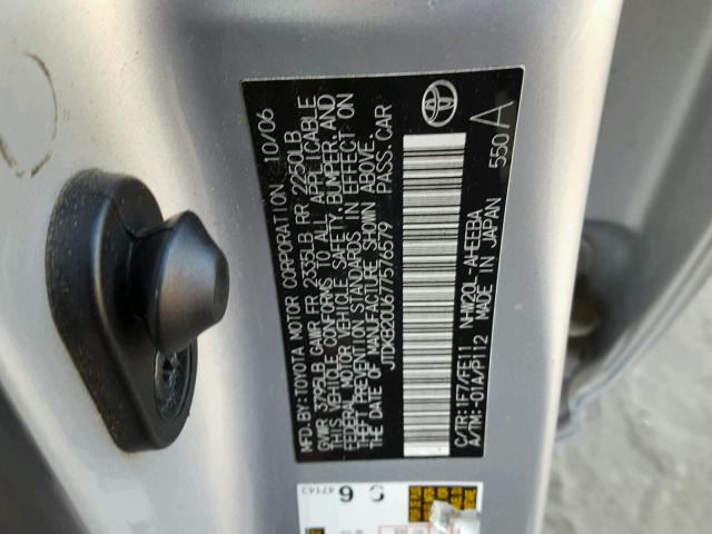 JTDKB20U677576579 - 2007 TOYOTA PRIUS SILVER photo 10