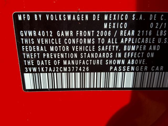 3VW1K7AJ2CM377426 - 2012 VOLKSWAGEN JETTA BASE Կարմիր լուսանկար 10