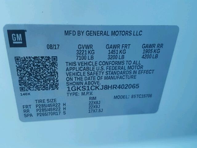 1GKS1CKJ8HR402065 - 2017 GMC YUKON DENA WHITE photo 10