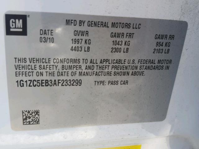 1G1ZC5EB3AF233299 - 2010 CHEVROLET MALIBU 1LT 白色 照片 10