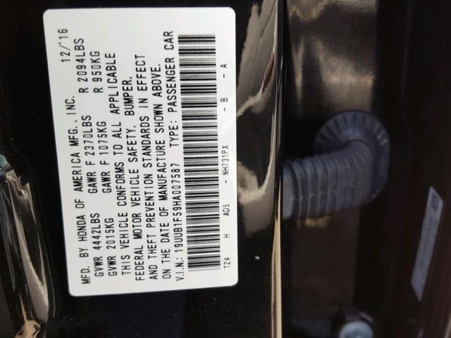 19UUB1F59HA007587 - 2017 ACURA TLX TECH BLACK photo 10