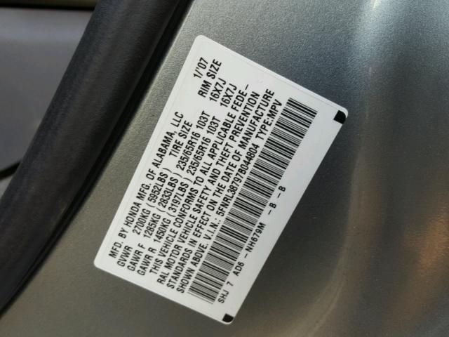 5FNRL38797B044804 - 2007 HONDA ODYSSEY EX SILVER photo 10