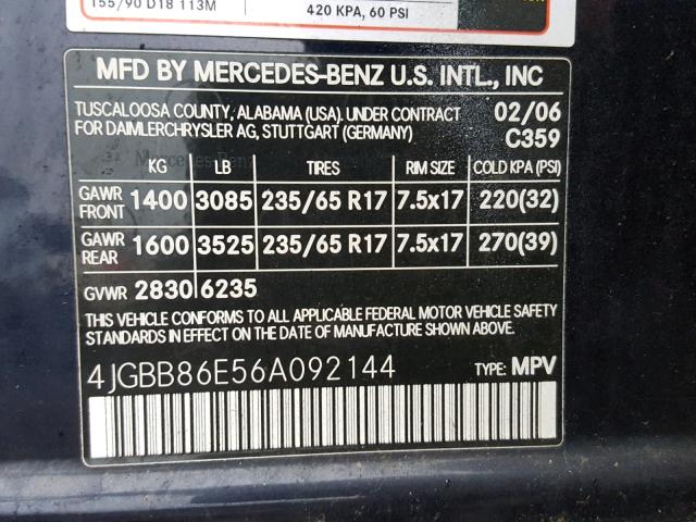 4JGBB86E56A092144 - 2006 MERCEDES-BENZ ML 350 BLUE photo 10