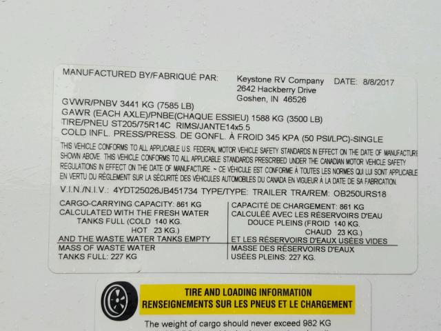 4YDT25026JB451734 - 2018 KEYSTONE OUTBACK WHITE photo 10