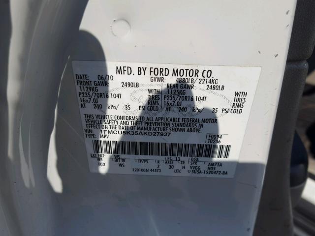 1FMCU5K35AKD27937 - 2010 FORD ESCAPE HYB WHITE photo 10