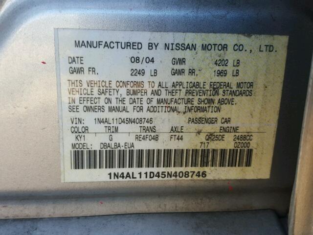 1N4AL11D45N408746 - 2005 NISSAN ALTIMA S SILVER photo 10