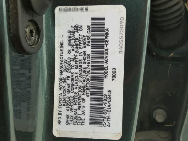 4T1BE30K73U749108 - 2003 TOYOTA CAMRY LE GREEN photo 10