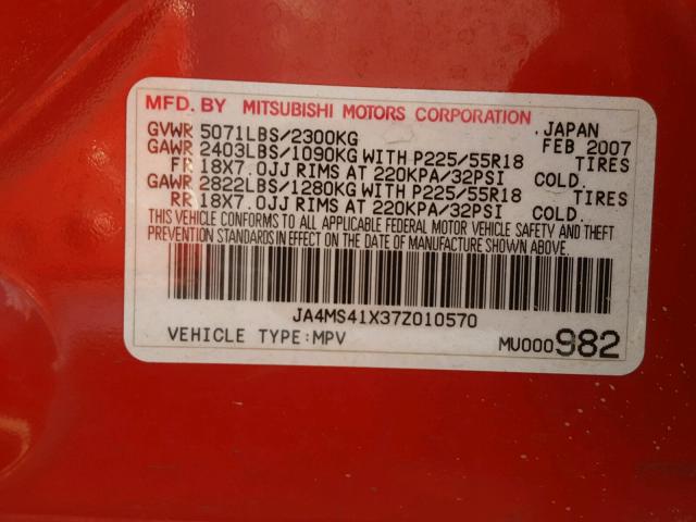 JA4MS41X37Z010570 - 2007 MITSUBISHI OUTLANDER RED photo 10