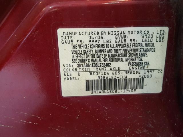 3N1AB61E08L732402 - 2008 NISSAN SENTRA 2.0 RED photo 10