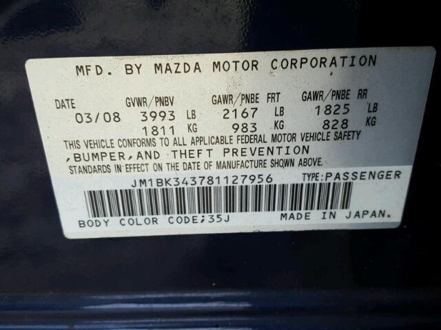 JM1BK343781127956 - 2008 MAZDA 3 BLUE photo 10