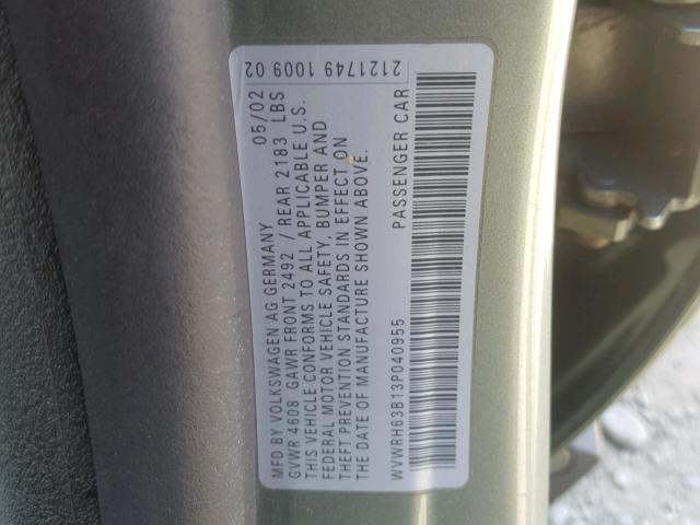 WVWRH63B13P040955 - 2003 VOLKSWAGEN PASSAT GLX GREEN photo 10