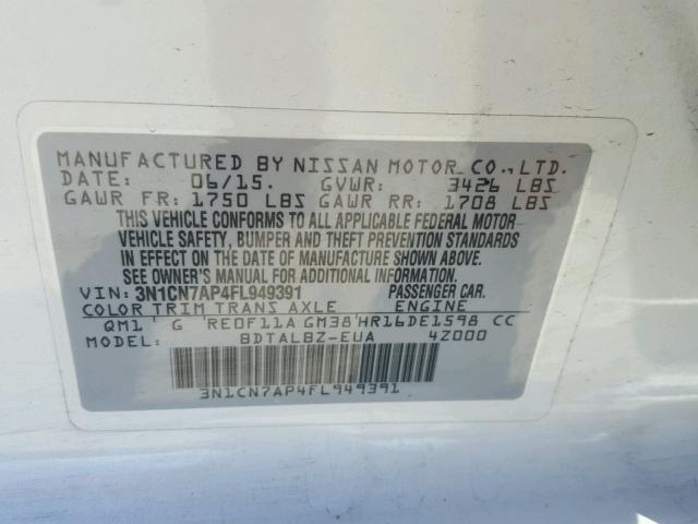 3N1CN7AP4FL949391 - 2015 NISSAN VERSA S WHITE photo 10