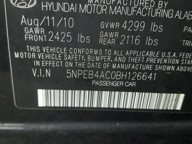 5NPEB4AC0BH126641 - 2011 HYUNDAI SONATA GLS BLACK photo 10