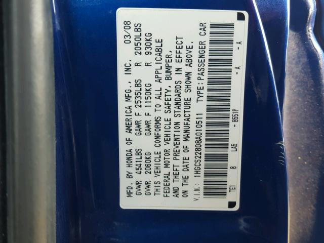 1HGCS22808A010511 - 2008 HONDA ACCORD EXL BLUE photo 10