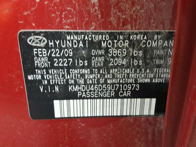 KMHDU46D59U710973 - 2009 HYUNDAI ELANTRA RED photo 10