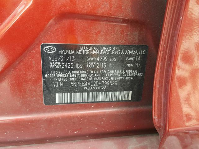 5NPEB4AC2DH799529 - 2013 HYUNDAI SONATA RED photo 10