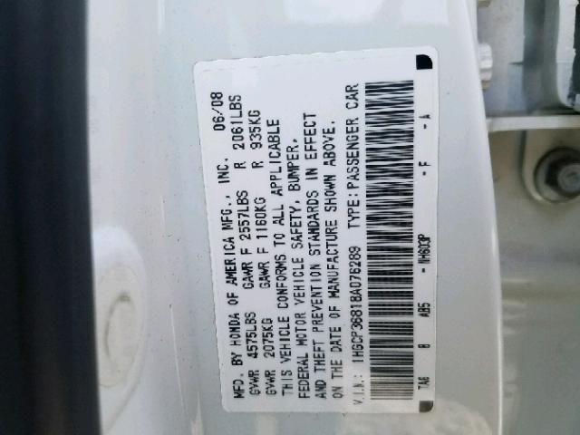 1HGCP36818A076289 - 2008 HONDA ACCORD EXL WHITE photo 10