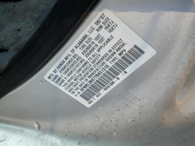 5FNRL38477B451316 - 2007 HONDA ODYSSEY EX SILVER photo 10