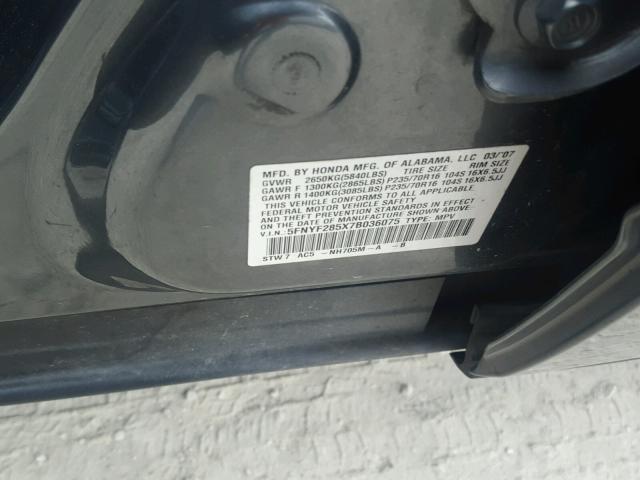 5FNYF285X7B036075 - 2007 HONDA PILOT EXL GRAY photo 10