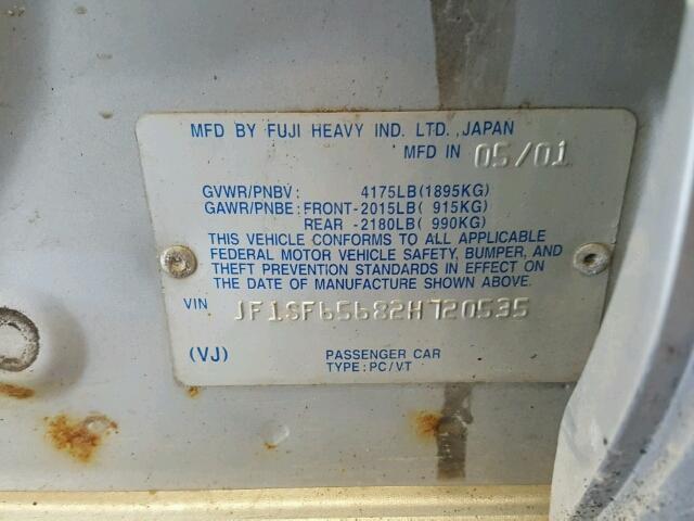 JF1SF65682H720535 - 2002 SUBARU FORESTER S SILVER photo 10