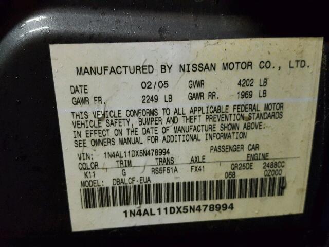 1N4AL11DX5N478994 - 2005 NISSAN ALTIMA GRAY photo 10