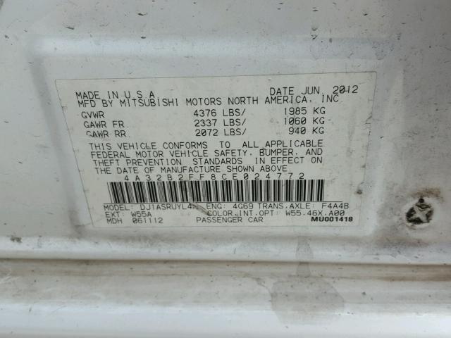 4A32B2FF8CE024772 - 2012 MITSUBISHI GALANT FE WHITE photo 10