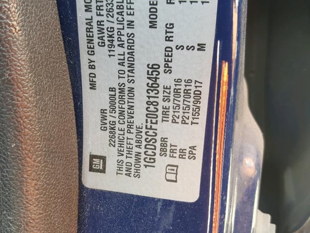 1GCDSCFE0C8136456 - 2012 CHEVROLET COLORADO L BLUE photo 10