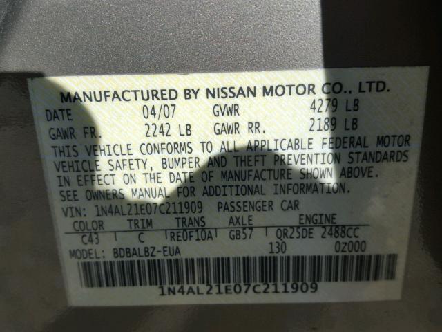 1N4AL21E07C211909 - 2007 NISSAN ALTIMA 2.5 WHITE photo 10