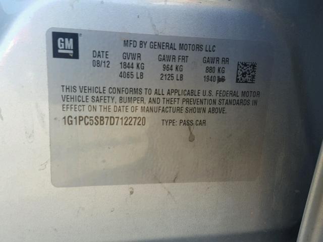 1G1PC5SB7D7122720 - 2013 CHEVROLET CRUZE LT SILVER photo 10