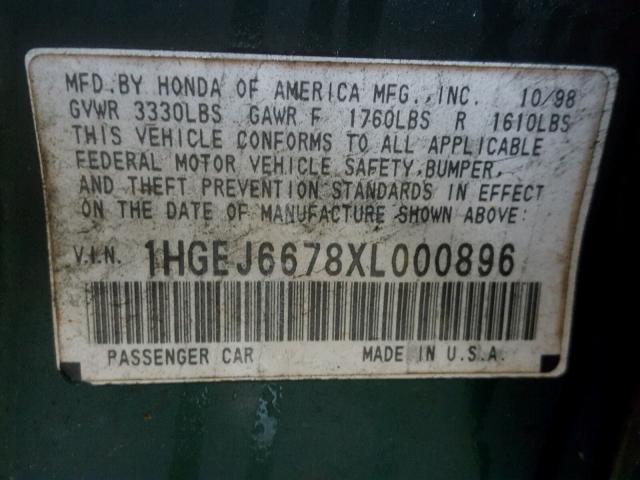 1HGEJ6678XL000896 - 1999 HONDA CIVIC GREEN photo 10